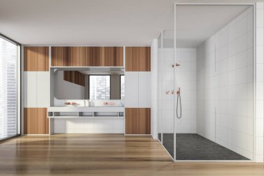 Cam duş kabini, çift lavabo tezgahı ve bronz muslukları olan modern tasarım banyo. Gökdelenler şehir manzaralı panoramik pencere. Tahta parke ve beyaz fayanslı duvarlar. 3d oluşturma.