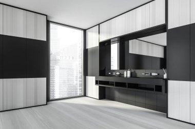 Modern tasarım banyo içi çift lavabo tezgahı, gümüş musluklar, büyük ayna. Gökdelenler şehir manzaralı panoramik pencere. Siyah kiremit duvarlar. Halka açık el yıkama konsepti. 3d oluşturma.
