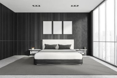 Gri duvarları, beton zemini, ana yatağı ve panoramik penceresi olan modern tarz bir yatak odası. Duvarda üç tane beyaz çerçeveli poster var. Model konsepti. 3d oluşturma