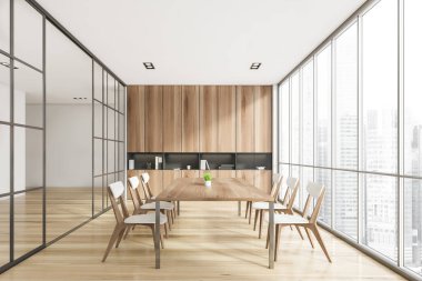 Panoramik pencereli modern toplantı odasının iç tasarımı. Çağdaş konferans masası ve sandalyeler. Şehir manzarası. Beyin fırtınası konsepti. Ahşap malzemeler. 3B görüntüleme