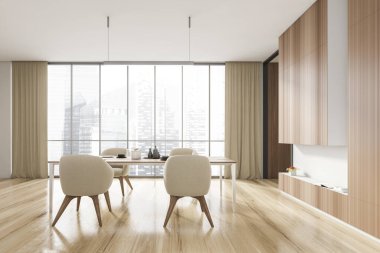 Yemek odasının dekorasyon masası ve dört bej koltuğu olan şık ve ahşap iç tasarımı. Ev dekorunun minimalist tarzı. Parke zemin. Şehir manzaralı panoramik pencere. 3d oluşturma