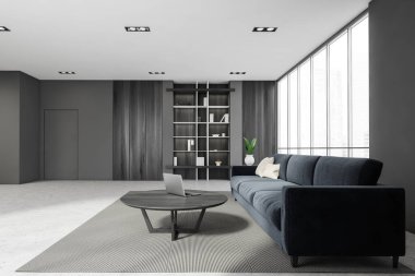 Şatafatlı, parlak bir oturma odası mobilya ve deniz kanepesiyle, bir apartman dairesinde. Modern tasarım ve mimari konsepti. Singapur şehir manzarası. Panoramik pencere. 3d oluşturma.