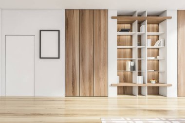 Şatafatlı, parlak bir oturma odası mobilyaları ve beyaz kapısı olan bir apartman dairesi. Modern tasarım ve mimari konsepti. Kitap rafı yuvası. Duvara afiş asın. 3d oluşturma.