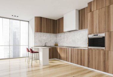 Geniş bir apartman dairesinin içinde zarif mobilyalarla dolu lüks, parlak bir mutfak. Modern tasarım ve mimari konsepti. Singapur şehir manzarası. Panoramik pencere. 3d oluşturma.