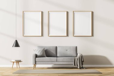 Oturma odasının içinde duvarında üç tane boş beyaz poster, gri meşe ağacından parke zemin, kahve masası, halı. Sıcak buluşma yeri kavramı. Model yap. 3d oluşturma