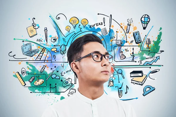 Joven Hombre Asiático Guapo Camisa Blanca Reflexionando Sobre Educación Las — Foto de Stock