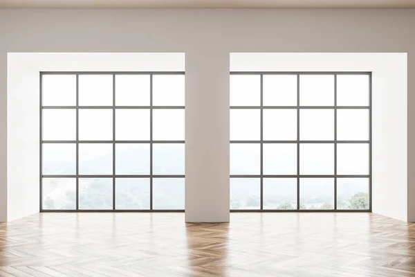 Leere Wohnzimmer Design Interieur Moderner Stilvoller Wohnbereich Eichenparkett Fensterpanorama Frontansicht — Stockfoto