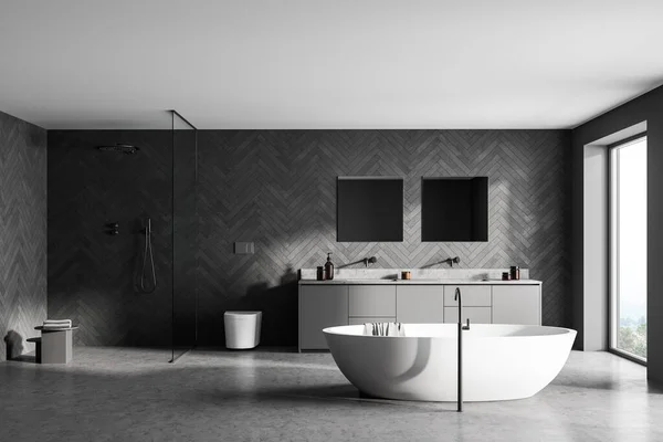Geräumiges Modernes Badezimmerdesign Grautönen Mit Betonboden Freistehender Badewanne Begehbarer Dusche — Stockfoto