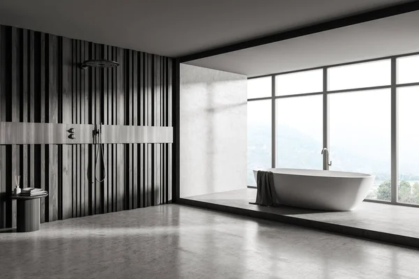 Interior Del Baño Gris Con Bañera Blanca Ducha Madera Vista — Foto de Stock