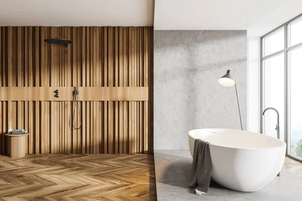 Wooden Bathroom Interior White Tub Shower Parquet Floor Concrete Podium — Stock Photo, Image