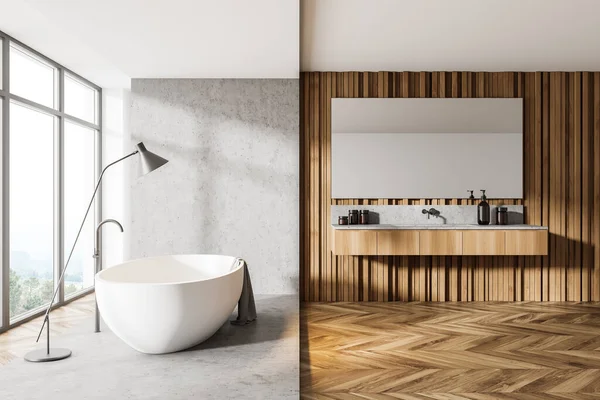 Interior Banheiro Madeira Com Banheira Branca Pia Com Acessórios Banho — Fotografia de Stock