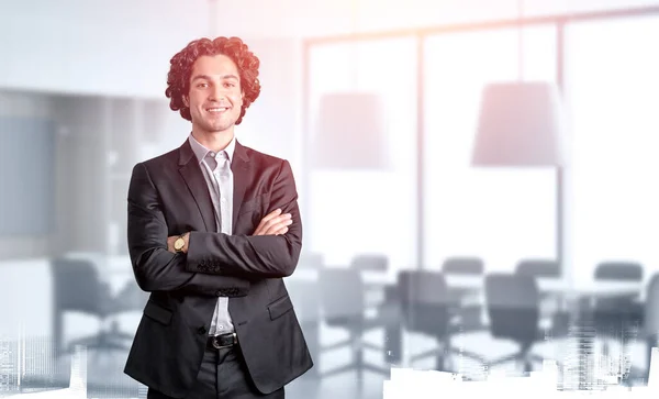 Front View Handsome Hispanic Businessman Standing Arms Crossed Pose Confident — Stock Photo, Image
