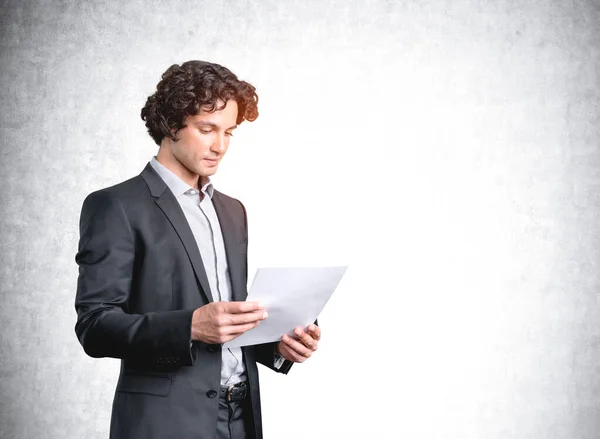 Office Man Black Suit Holding Paper Report Hands Pensive Manager — Stock Photo, Image