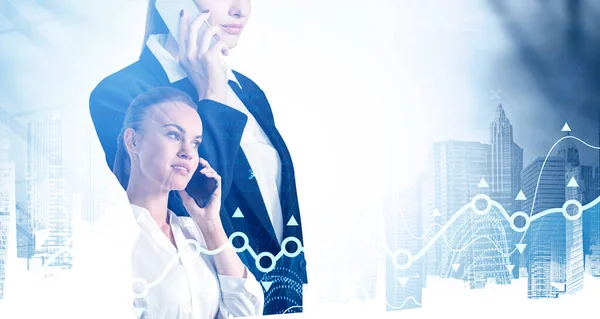 Businesswoman talking phone, business people and candlesticks forex changes and bar chart, colleagues negotiations, double exposure. Concept of international corporate finance