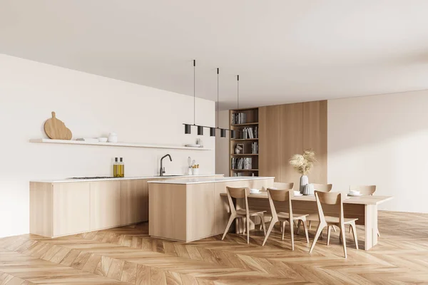 モダンなデザインのキッチンリビングルームのインテリア 6つの椅子とダイニングテーブル料理本の書棚木製の床 3Dレンダリング — ストック写真