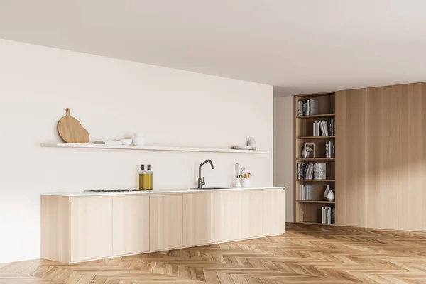 Moderno Design Interno Della Cucina Scaffali Con Libri Cucina Pavimento — Foto Stock