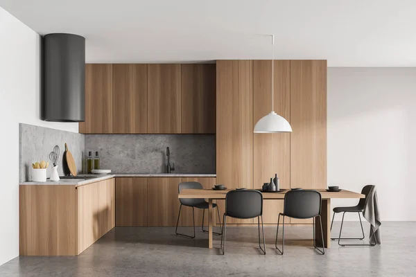 Stijlvol Design Hout Betonnen Interieur Van Keuken Kamer Met Eettafel — Stockfoto