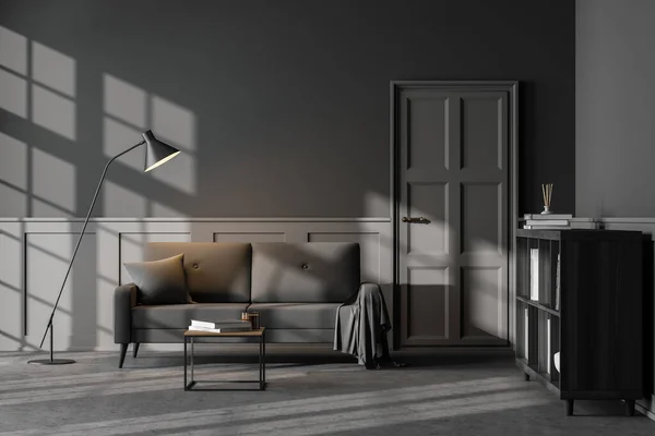 客厅内饰灰色沙发 书架混凝土地板 舒适的见面地点的概念 3D渲染 — 图库照片