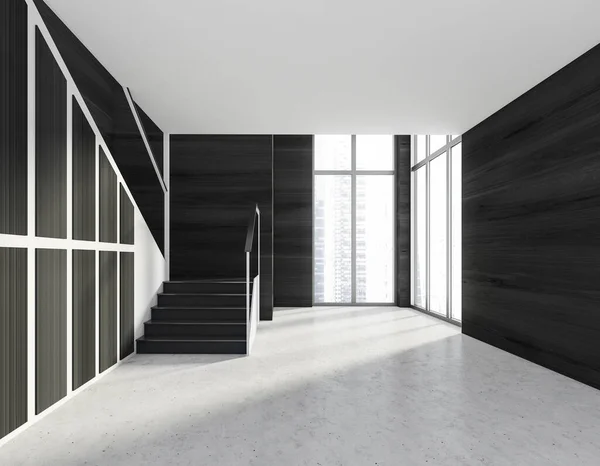 简约的现代大厅内饰楼梯 石板地板水泥楼梯全景窗与城市景观 3D渲染 — 图库照片
