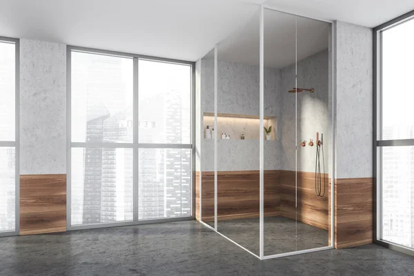 Salle Bain Design Moderne Avec Cabine Douche Robinets Bronze Fenêtre — Photo