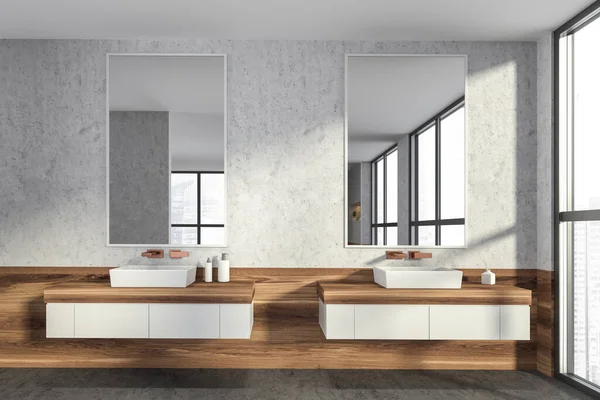 Modernes Design Badezimmer Innenausstattung Mit Doppelwaschtisch Bronze Wasserhähne Panoramafenster Mit — Stockfoto