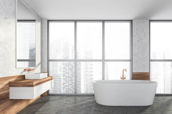 욕조가 현대식 디자인의 카운터 수도꼭지가 파노라마 나무와 콘크리트 렌더링 — 스톡 사진