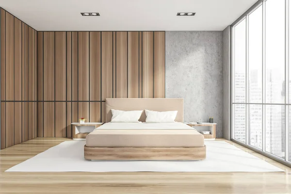 Modern Stijlvol Slaapkamerinterieur Met Houten Muren Parketvloer Master Bed Panoramisch — Stockfoto