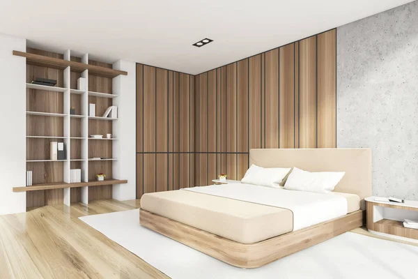 Moderno Interior Elegante Quarto Com Paredes Madeira Piso Parquet Cama — Fotografia de Stock