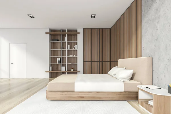 现代风格的卧房内饰有木墙 木地板 主床和书架的角落 睡觉的概念 3D渲染 — 图库照片