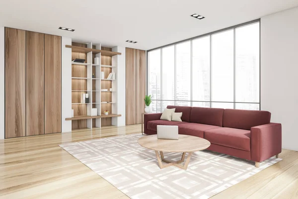 Luxueux Salon Lumineux Avec Mobilier Élégant Canapé Rouge Dans Appartement — Photo