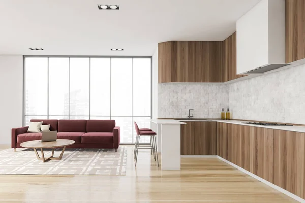 豪华明亮的厨房内部与优雅的家具和红色沙发 在住宅公寓 设计和建筑的现代概念 新加坡城景 全景窗 3D渲染 — 图库照片