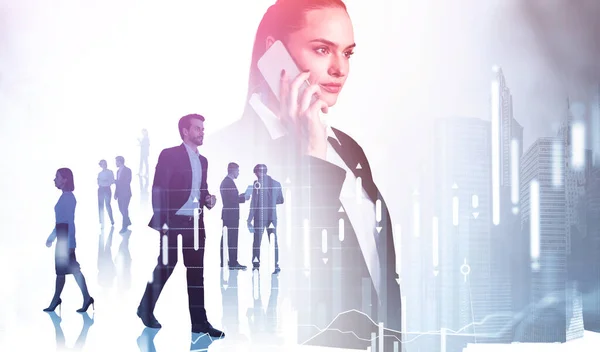 Businesswoman talking phone, business people and candlesticks forex chart, colleagues negotiations, double exposure. Concept of international corporate finance