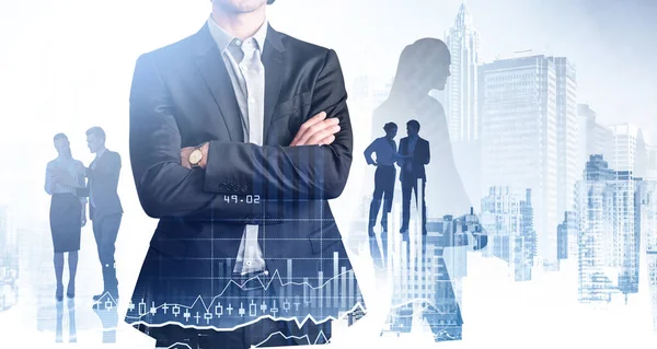 Businessman Trader Crossed Hands Pose Colleagues Working Background Pondering How — Stock Photo, Image