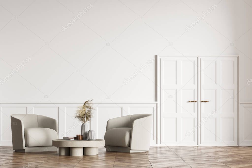 Modern stylish Living room design interior. Oak parquet floor with two armchairs. White wooden door. 3d rendering