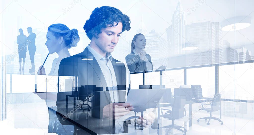 Diverse young professional business people rushing and looking for solutions in panoramic office space with skyscraper city view. Business development concept. Double exposure