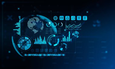 Koyu mavi arkaplan üzerinde grafikler ve fütürist unsurlarla iç içe geçmiş finansal ve borsa arayüzü. Teknoloji, ekonomi ve finansal analiz kavramı. 3d oluşturma