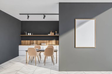 Gri duvarlı şık yemek odasının köşesi, ahşap zemin, beyaz tezgah ve bej sandalyeli yemek masası. Dikey maket posteri. 3d oluşturma