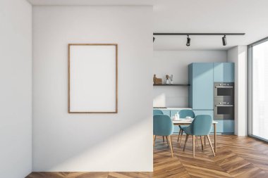 Beyaz duvarları olan modern yemek odasının köşesi, ahşap zemin, mavi tezgah ve mavi sandalyeli yemek masası. Dikey model poster çerçevesi. 3d oluşturma