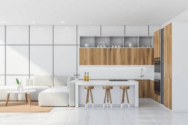 Masalı açık mutfak odası ve üç bar sandalyesi, bej halılı kanepe ve kahve masası. Raflarla, fırınlarla ve mobilyalarla yemek pişirme seti. 3D, kimseyi göstermiyor.