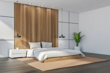 Yatak odasının içinde yatak ve yastıklar, siyah parke döşeme ve bitki. Dekorasyonu ve mobilyası olan beyaz uyku odasındaki kopya boşluğu 3D