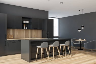 Modern mutfak köşesinde gri ve ahşap duvarları olan tabureli gri bar tezgahı, arka planda koltuk ve koltuk olan ahşap zemin ve oturma odası. 3d oluşturma