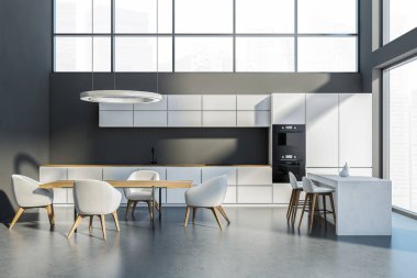 Minimalist mutfak seti, ahşap masa ve gri zeminde sandalyeler. Bar sandalyeli yemek odası ve kesim masası, şehir manzaralı pencere, 3D görüntüleme