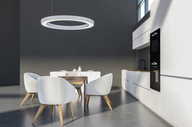 Modern mutfak seti, ahşap masa ve gri zeminde dört beyaz sandalye. Tabaklarla dolu bir dolap, raflı ve fırınlı minimalist yemek odası, 3 boyutlu, insan olmayan