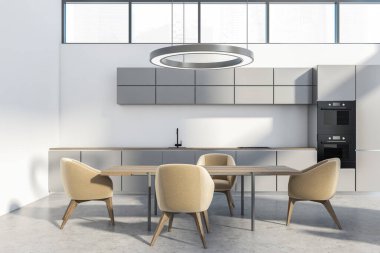 Beyaz mutfak seti, ahşap masa ve gri zeminde dört bej sandalye. Şehir manzaralı, minimalist yemek odası, 3 boyutlu, kimseyi göstermiyor.