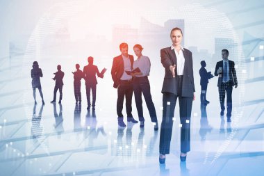 Bulanık şehirde kendine güvenen genç iş kadını ve ekibi küresel arayüzü iki katına çıkararak birlikte çalışıyorlar. Tonu ayarlanmış resim