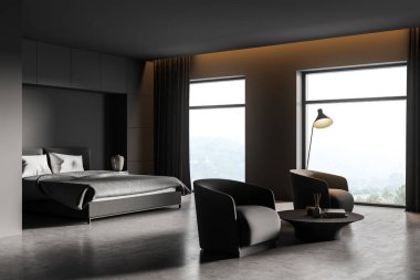 Gri duvarları, beton zemini, ana yatağı ve panoramik pencerelerin yanında bulanık dağ manzaralı iki koltuğu olan modern yatak odası. Otel tatil konsepti. 3d oluşturma