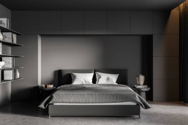 Gri duvarları, beton zemini, ana yatağı, iki yuvarlak komodini ve kitaplığı olan modern yatak odası. Otel tatil konsepti. 3d oluşturma