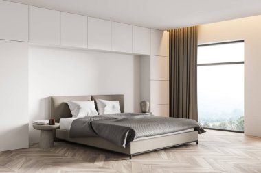 Beyaz duvarlı şık bir yatak odası, ahşap zemin, ana yatak ve bulanık dağ manzaralı panoramik pencere. Otel tatil konsepti. 3d oluşturma