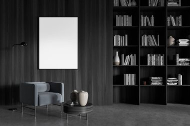 Ahşap gri iç mimari, kitap rafı ve vazolu kitaplar. Koltuğun üzerinde lambalı boş bir fotokopi çerçevesi, kütüphanede beton zeminli okuma odası, 3D görüntüleme