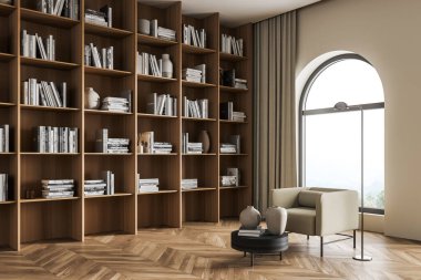 Koltuğu ve parke zemininde sehpası olan hafif sanat eserleri, kitap ve vazolarla dolu bir kitaplık. Kırsalda penceresi olan bir kitaplık, 3B oluşturma